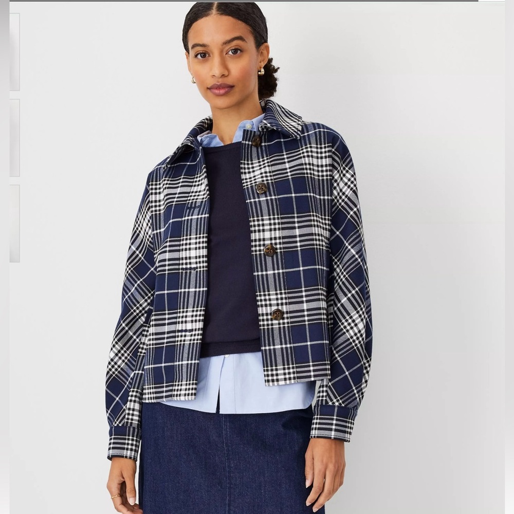NWT Ann Taylor Plaid Twill Cropped Mac Jacket Size Large